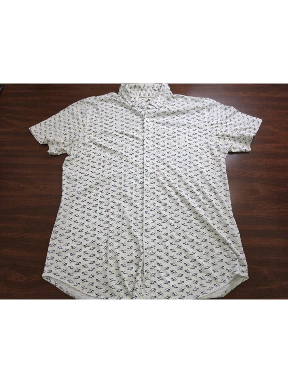 Bonobos Mens M Off White Navy Shark Print Short Sleeve 100% Pima Cotton Shirt